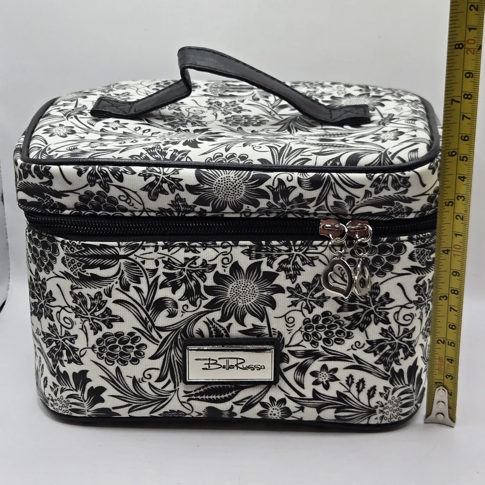 Bella Russo Makeup Bag Black & White Floral Design Zipper Closure Top Handle
